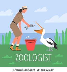 Vector flat illustration of a zoologist girl feeding a white pelican with fresh fish on the background of a clearing with a beautiful lake. Ideal for wildlife care design.