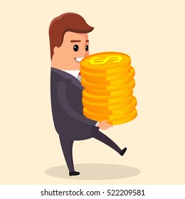 Vector flat illustration.Business man carrying pile of golden coins. Happy manager character carry golden coins. 