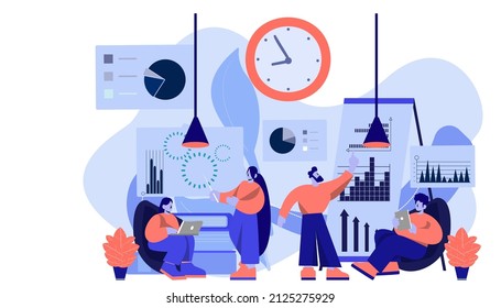 Vektorflache Illustration.business sperson arbeitet in Open Space Office.workplace for teamwork.meeting and freelance job. 
