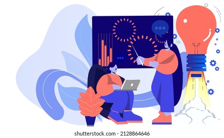 Ilustración plana vectorial.persona de negocios trabaja en oficinas de espacio abierto.lugar de trabajo en equipo.reunión y trabajo independiente. 