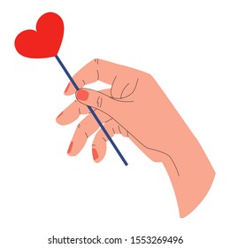 Vector flat illustration-metaphor with isolated hand that holds heart in form lollipop. Concept love, gifts, Valentine s Day. Cards, invitations, posters, web design, printing and others can be used.