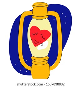 Vector flat illustration-metaphor of lively, abstract, happy sleeping heart in vintage lamp. The concept of waiting for a love relationship.
