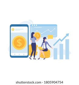 Vector flat illustration,people with money on a white background, bank financing, money exchange, financial services, ATM, giving out money