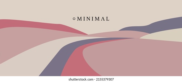 Vector flat illustration.Pink landscape background. Panorama view wallpaper in minimal style with hill, dessert, sand in pastel color. For prints, interiors, wall art, decoration, covers, and banners.