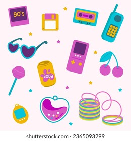 Vector flat illustrations 90s element set. Oldschool style