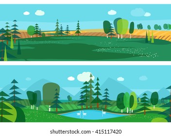 Vector flat illustrations - Abstract forest. Wildlife. Forest view. Mountain landscape. Ecosystem. Forest lake