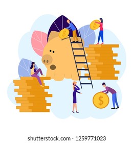 Vector flat illustrations, big piggy bank on white background, financial services, bankers do the work, hoard or save money