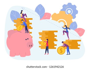 Vector flat illustrations, big piggy bank on white background, financial services, bankers do the work, hoard or save money
