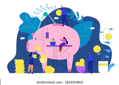 Vector flat illustrations, big piggy bank on white background, financial services, bankers do the work, hoard or save money. Moneymaker or hoarder tiny people with cash savings, economy in finance.