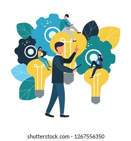 Vector flat illustrations, brainstorming, business concept for teamwork, search for new solutions, small people sit on light bulbs in search of ideas.