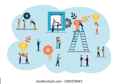 Vector flat illustrations, brainstorming, business concept for teamwork, searching for new solutions, small people looking for new ideas, studying graphics.