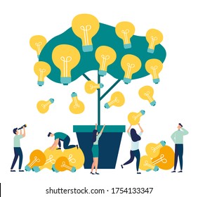 Vector flat illustrations, business meetings and brainstorming, business concept for teamwork, search for new solutions, tree with bulbs and ideas