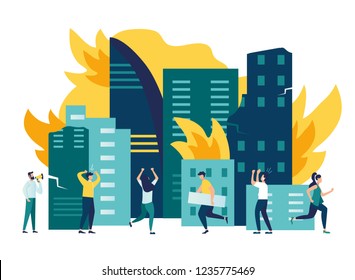 Vector flat illustrations, cataclysmic catastrophe in the city, volcanic eruption, people flee