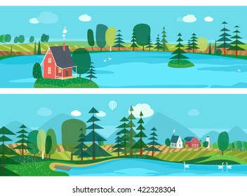 Vector flat illustrations - Eco farm. Abstract forest. Wildlife. Forest view. Mountain landscape. Ecosystem. Forest lake. Agro-tourism.