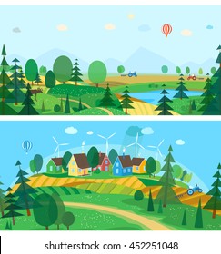 Vector flat illustrations - Eco farm. Abstract forest. Wildlife. Forest view. Mountain landscape. Ecosystem. Forest lake.
