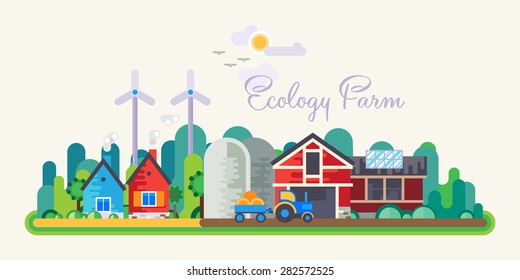 Vector flat illustrations - Eco style life. Eco farm. Green energy.