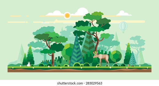 Vector Flat Illustrations - Eco Style Life. Abstract Forest. Wildlife. Forest View