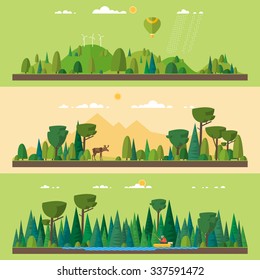 Vector flat illustrations - Eco style life. Abstract forest. Wildlife. Forest view. Fishing on the lake in the woods - Shutterstock ID 337591472