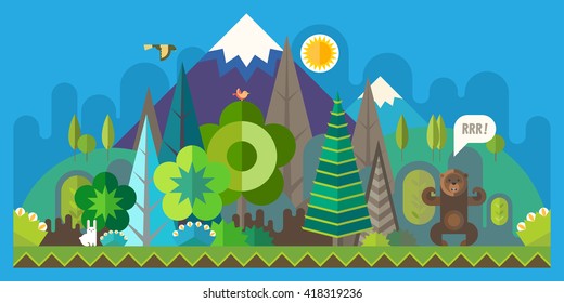 Vector flat illustrations - Eco style life. Abstract forest. Wildlife. Forest view