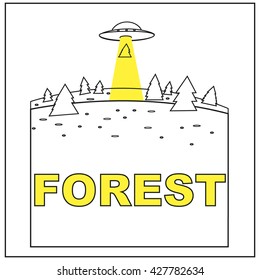 Vector flat illustrations - Eco style life landscape. Abstract forest. Template for poster with spaceship  