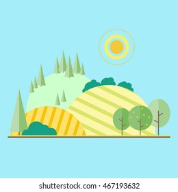 Vector flat illustrations: Eco style life. Abstract forest, fruit trees and field