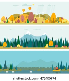 Vector flat illustrations - Eco style life. Abstract forest. Wildlife. Forest view. Fishing on the lake in the woods. Autumn.
