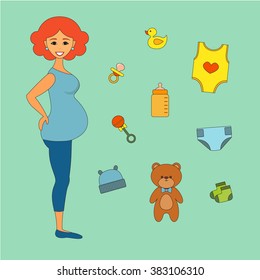 vector flat illustrations happy pregnant woman with gifts