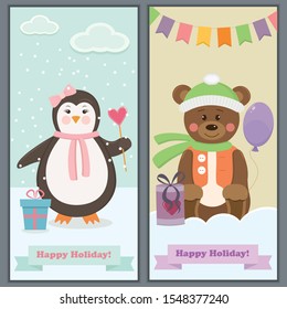 Vector flat illustrations. Holliday card templates with animals a bird penguin and a bear