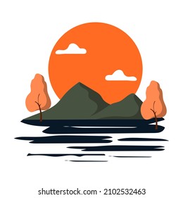 Vector flat illustrations with mountains, sun and trees.