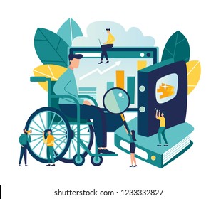 Vector flat illustrations, online courses for employees with disabilities, advanced training, analysis of infographics.