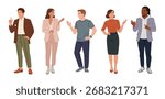 Vector flat illustrations set of diverse casual business people gesturing with hands, pointing to side and up, modern smart casual style, isolated on white background for office design projects