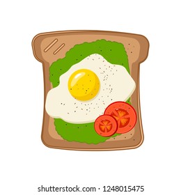 Vector flat illustrations of toast with scrambled eggs and tomato, pepper and greens on brown bread. Isolated on white background. Healthy breakfast. Vegetarian food.
