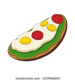 Vector flat illustrations of toast with scrambled eggs and tomato, pepper and greens on brown bread. Isolated on white background. Healthy breakfast.