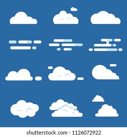 Vector flat illustrations of various clouds. White cloudy weather, heaven cloudscape