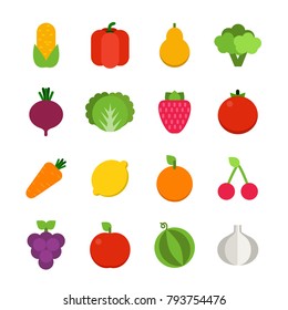 Vector flat illustrations of vegetables and fruits. Colored fruit orange and organic vegetable