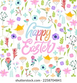 Vector flat illustration,spring patern. Hand lettering Happy Easter calligraphic font on white background with blooming flowers and yellow hatched chicks.Multicolored holiday card isolated 