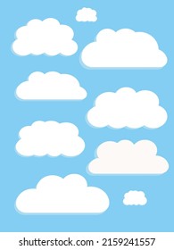 Vector flat illustration.White clouds set isolated on a blue background. Soft round cartoon fluffy clouds icon in the blue sky. Geometric shapes. Background for prints, covers and invitations.