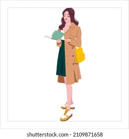Vector flat illustration.Women reading a book.Style girl selects a book.Beautiful young brown long hair girl.Brunette in coat.