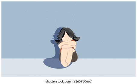 Vector Flat Illustrator Of Sad Girl Crying In The Dark .Primary School Girl Sit In The Room.Sad,cry And In Trouble.Concept Of Lonely Or Abused Child Or Kid Violence.