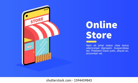 Vector flat illustratuon online store with modern punch hole smartphone, store, website,  online shopping, mobile application can be used for ads, presentation, banner, website, motion graphic, etc