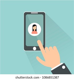 vector flat illusxtration of smartphone and gand touching phone's screen