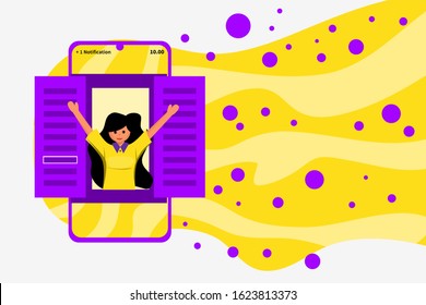 Vector flat ilsustration welcome to this page with opened windows and people inside can be used for presentation, web,  software/application, blog, online store/shop, ads, banner, poster and many more