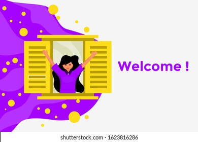Vector flat ilsustration welcome to this page with opened windows and people inside can be used for presentation, web,  software/application, blog, online store/shop, ads, banner, poster and many more