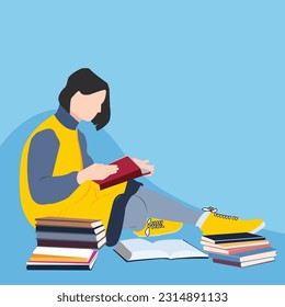 Vector Flat Ilustration Buchwoman Reading Books