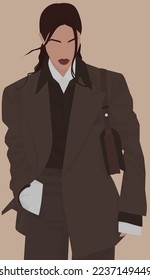 Vector flat image of an attractive brown-haired woman. A girl in a three-piece trouser suit and a white shirt. Lady with a small bag on her shoulder. Design for avatars, posters, backgrounds, template