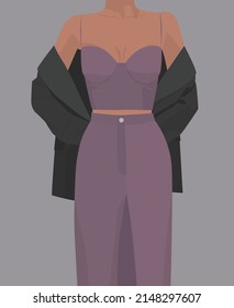 Vector flat image of an attractive girl in a suit. Girl in top, skirt and jacket. Design for avatars, posters, backgrounds, templates, textiles, cards, t-shirts.