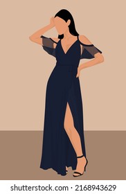 Vector flat image of an attractive girl with dark hair. A lady in a blue dress with a slit and sandals. Design for postcards, avatars, posters, backgrounds, templates, textiles.