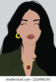 Imagen plana vectorial de una chica atractiva. Retrato de una misteriosa mujer de cabello oscuro. Chica con joyas de oro. Diseño para tarjetas, avatares, carteles, fondos, plantillas, carteles.