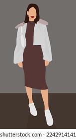 Imagen plana vectorial de una chica atractiva. Mujer de cabello marrón con vestido, chaqueta, zapatillas y con una bolsa. Diseño para avatares, carteles, fondos, plantillas, carteles, textiles, postales.