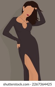 Vector flat image of an attractive lady with long flowing hair. Girl in an attractive dress with a slit. Design for avatars, posters, backgrounds, templates, banners, textiles.